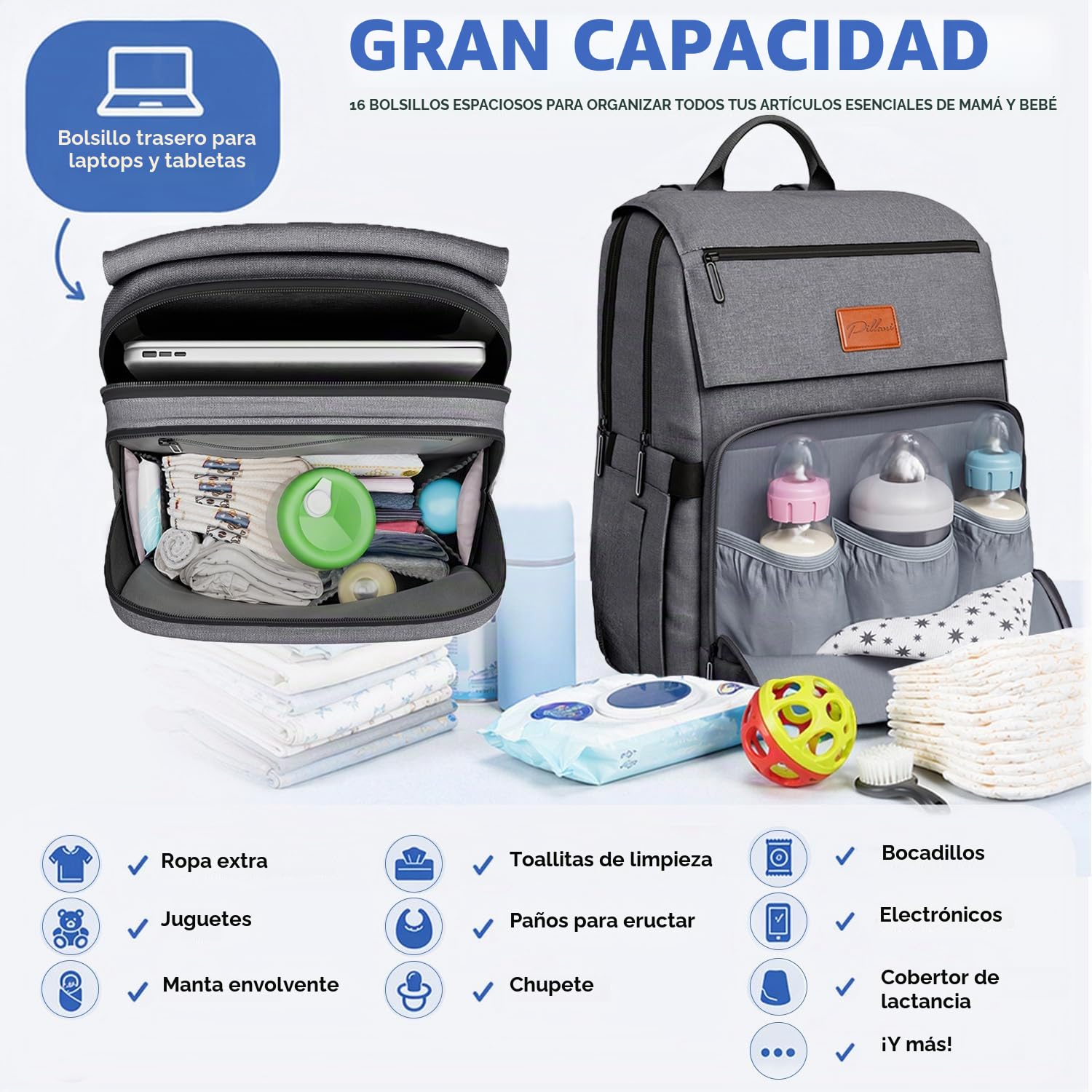 PILLANI - Mochila grande para llevar pañales de bebé, para viajar,...