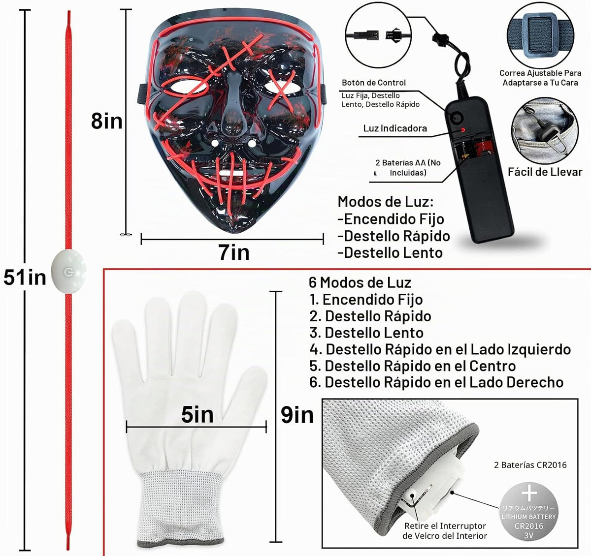 Conjunto de cordones para zapatos y guantes con máscara LED, kit de...