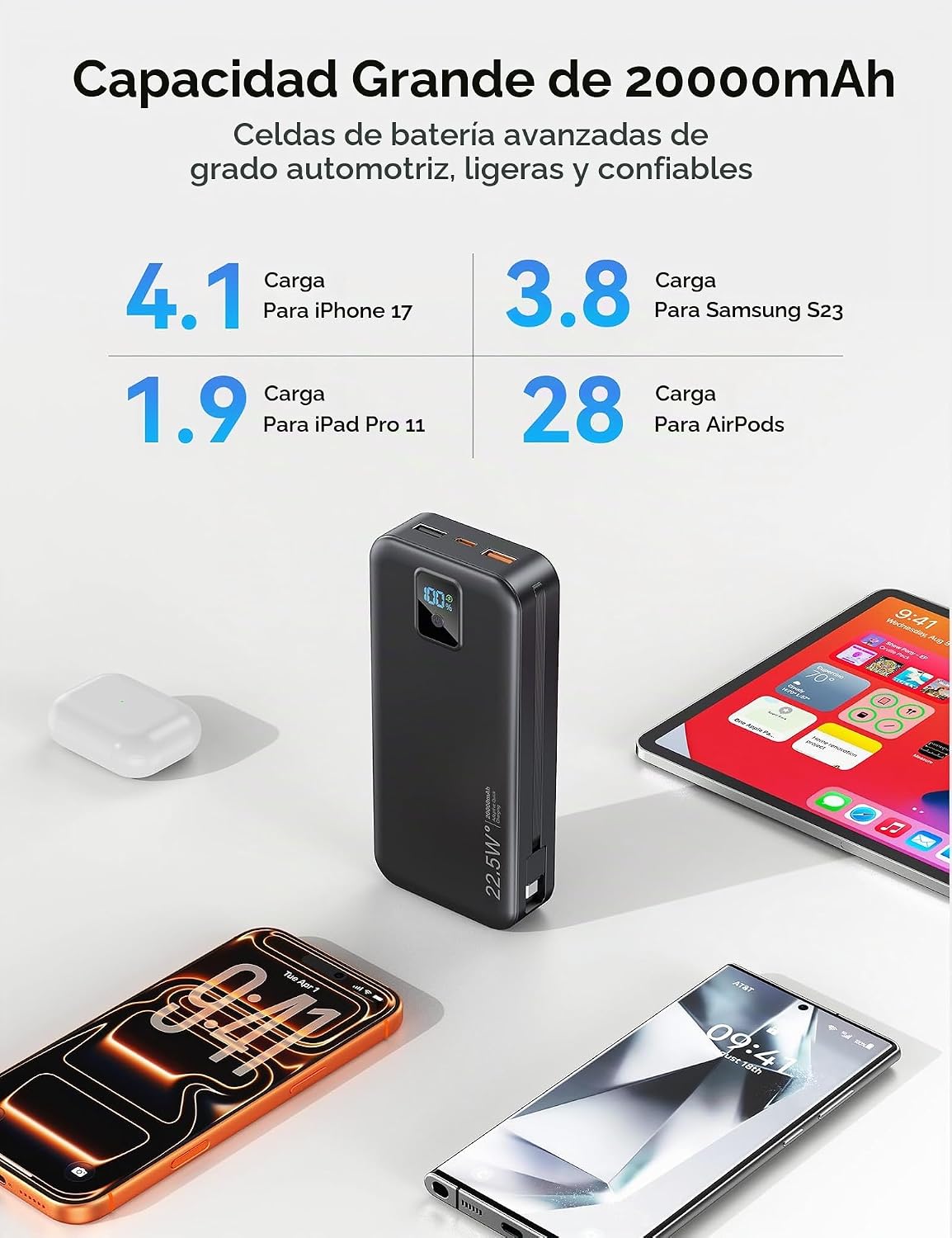 Rngsnoy Cargador portátil 20000mAh 22.5W w\/Cable incorporado y enc...