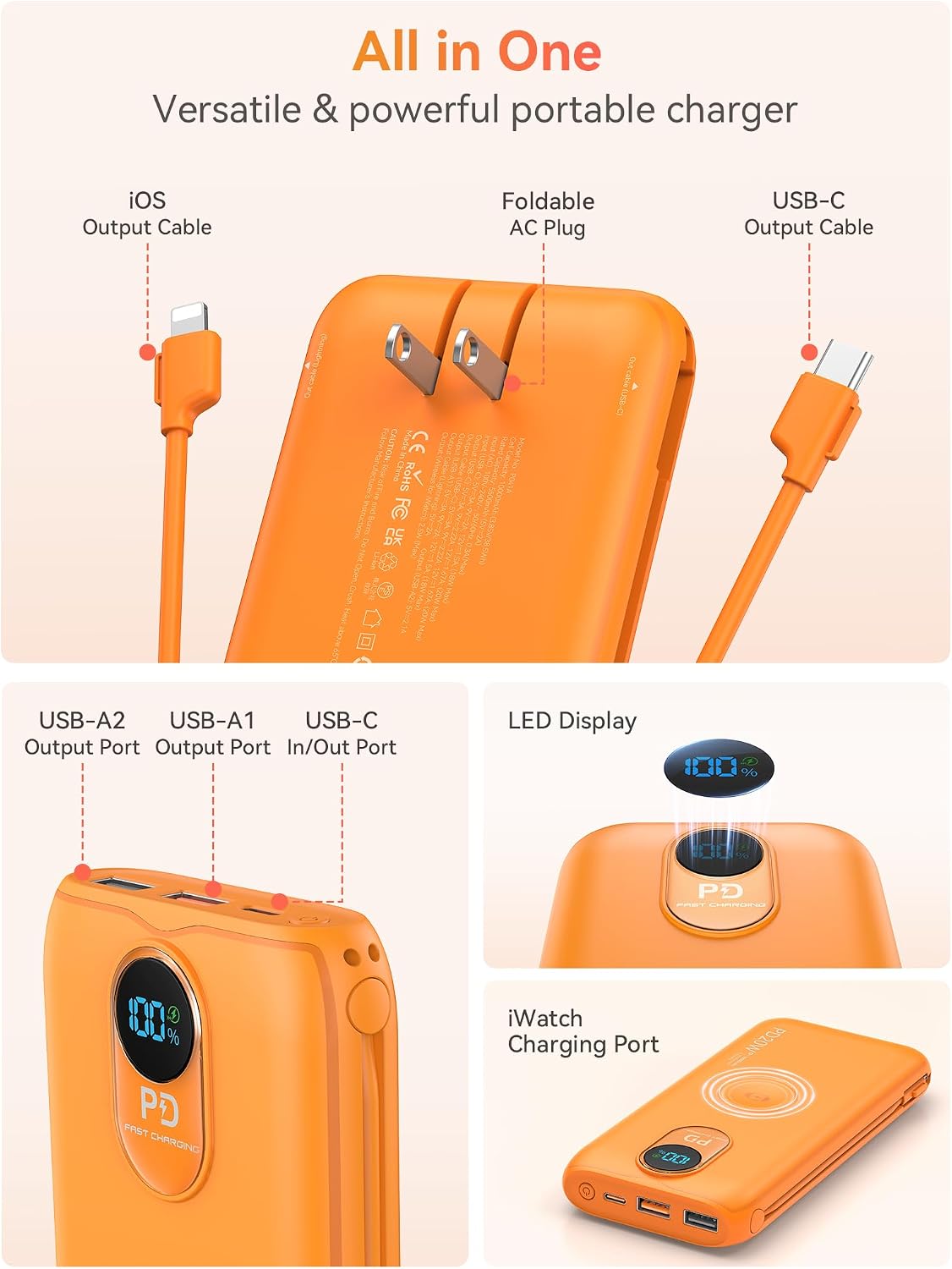 Cargador portátil Power Bank 10000mAh PD20W con cables incorporados...