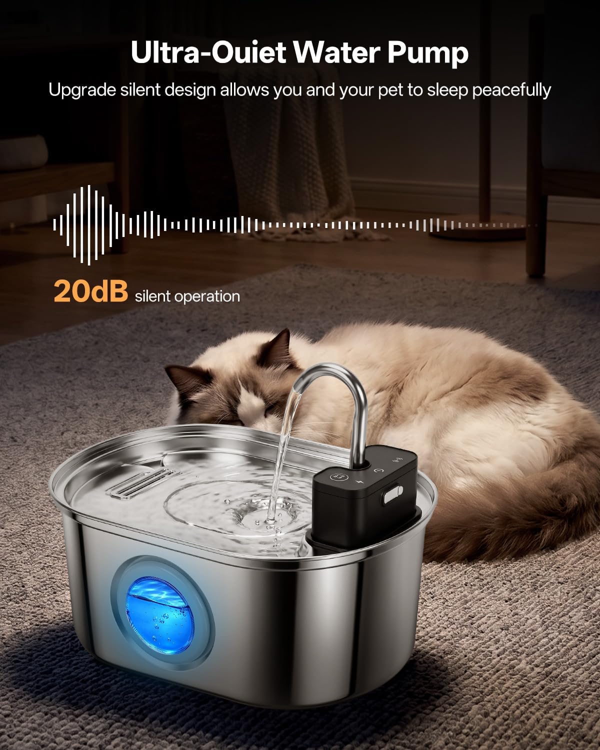 VinDox Fuente de agua inalámbrica de acero inoxidable para gatos, f...
