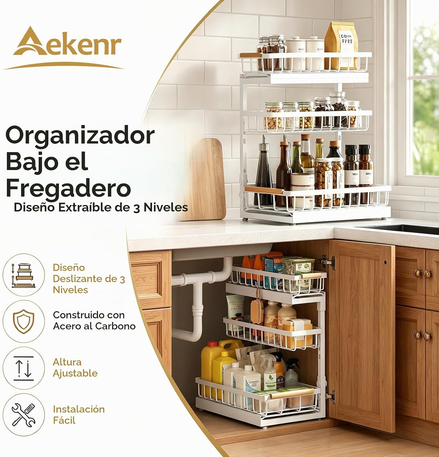 Aekenr Organizador y almacenamiento para debajo del fregadero para...