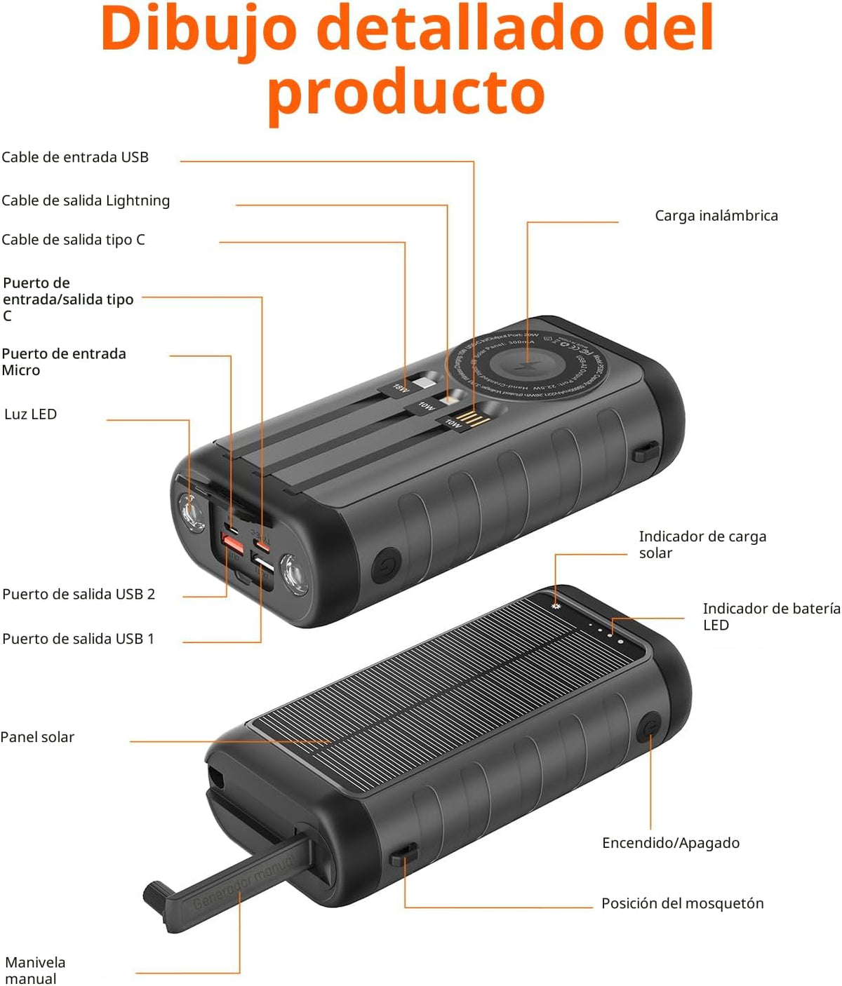 Cargador Solar Power Bank 59800mAh, 6 salidas y manivela, uso de em...
