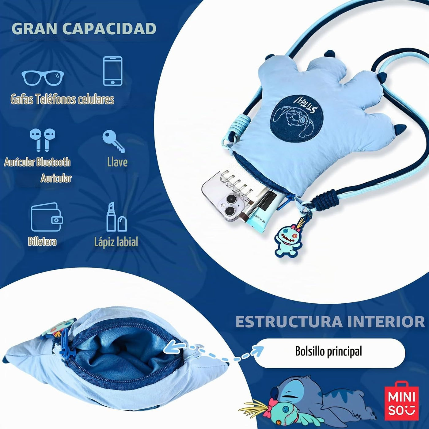 MINISO Disney Stitch Crossbody Lilo &amp; Stitch Billetera de dibuj...