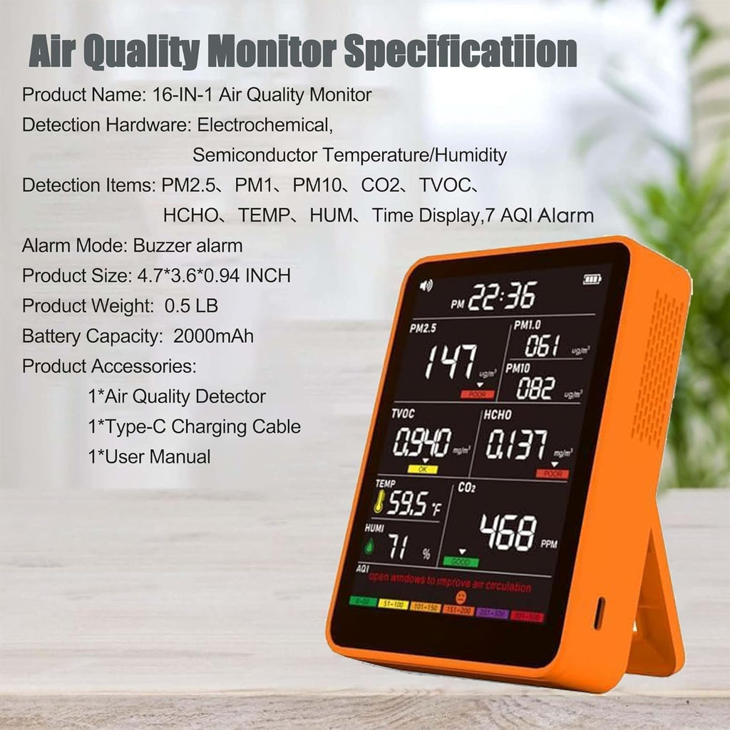 Monitor de calidad del aire interior 16 en 1, probador inteligente...