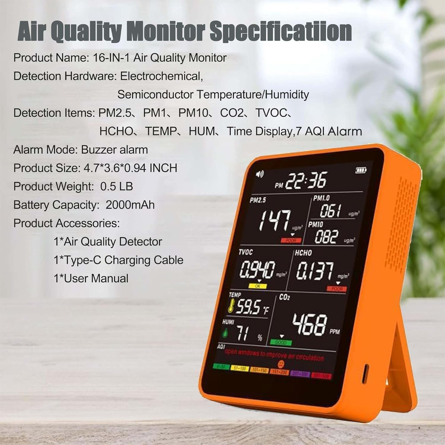 Monitor de calidad del aire interior 16 en 1, probador inteligente...