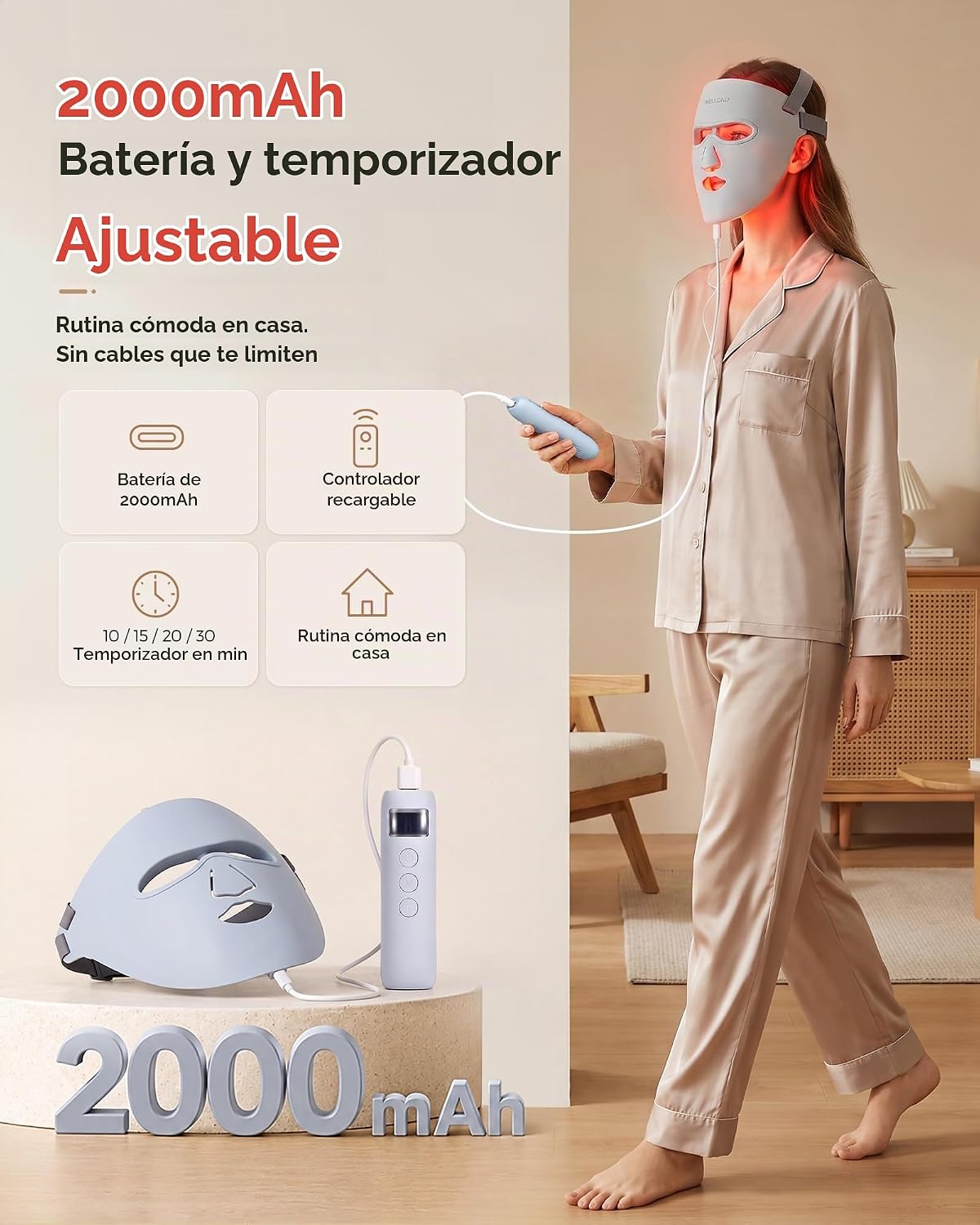 WELLOND Terapia de luz roja para cara, 4 modos, máscara LED roja y...