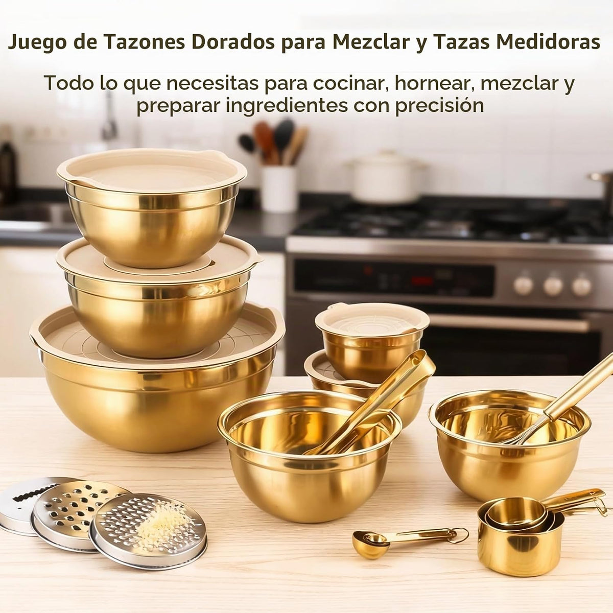 Tideme Juego de 20 cuencos dorados con tapas, 7 tazones para mezcla...