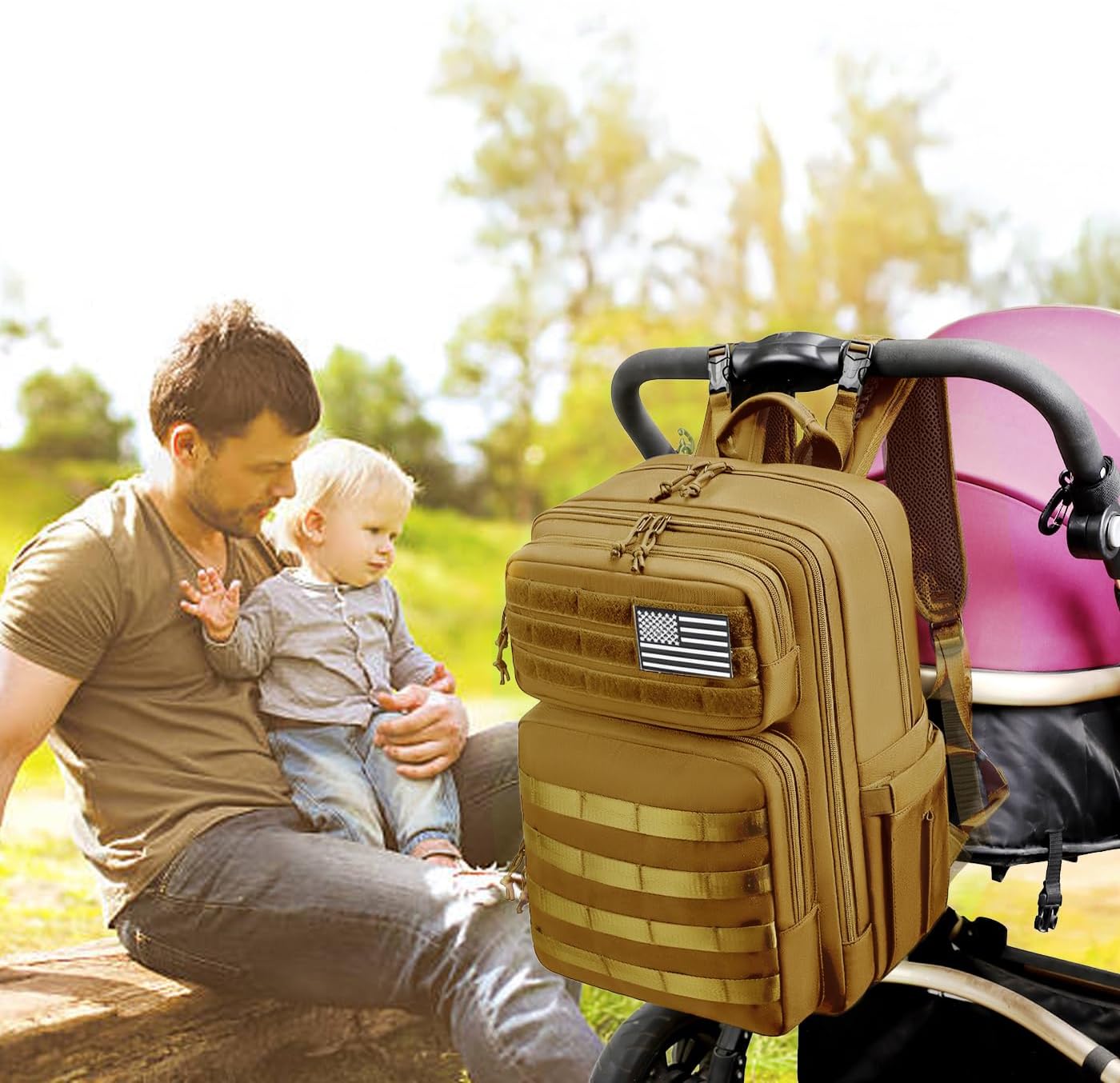 LORADI Mochila grande para pañales para papá, estilo táctico, marró...