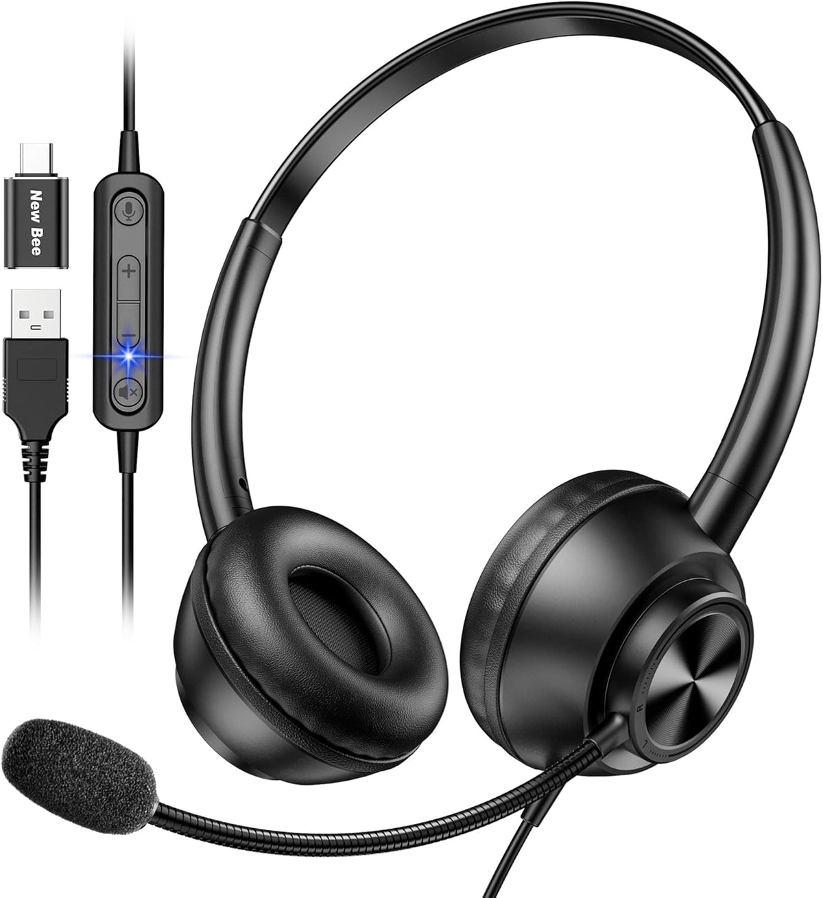 Auriculares USB con micrófono para PC, portátil, oficina, teléfono,...