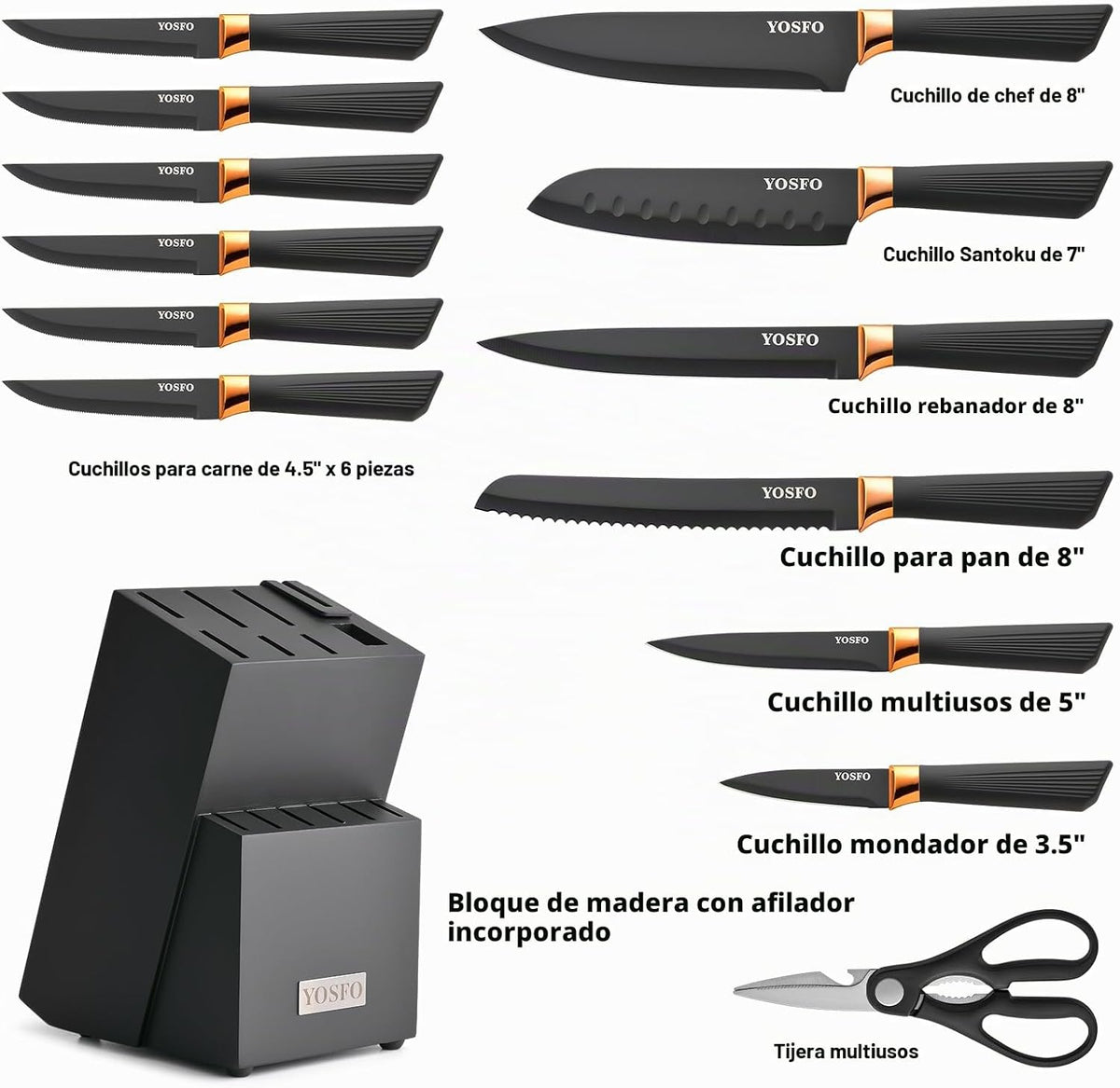 YOSFO - Juego de cuchillos de cocina, 15 piezas con bloque y afilad...