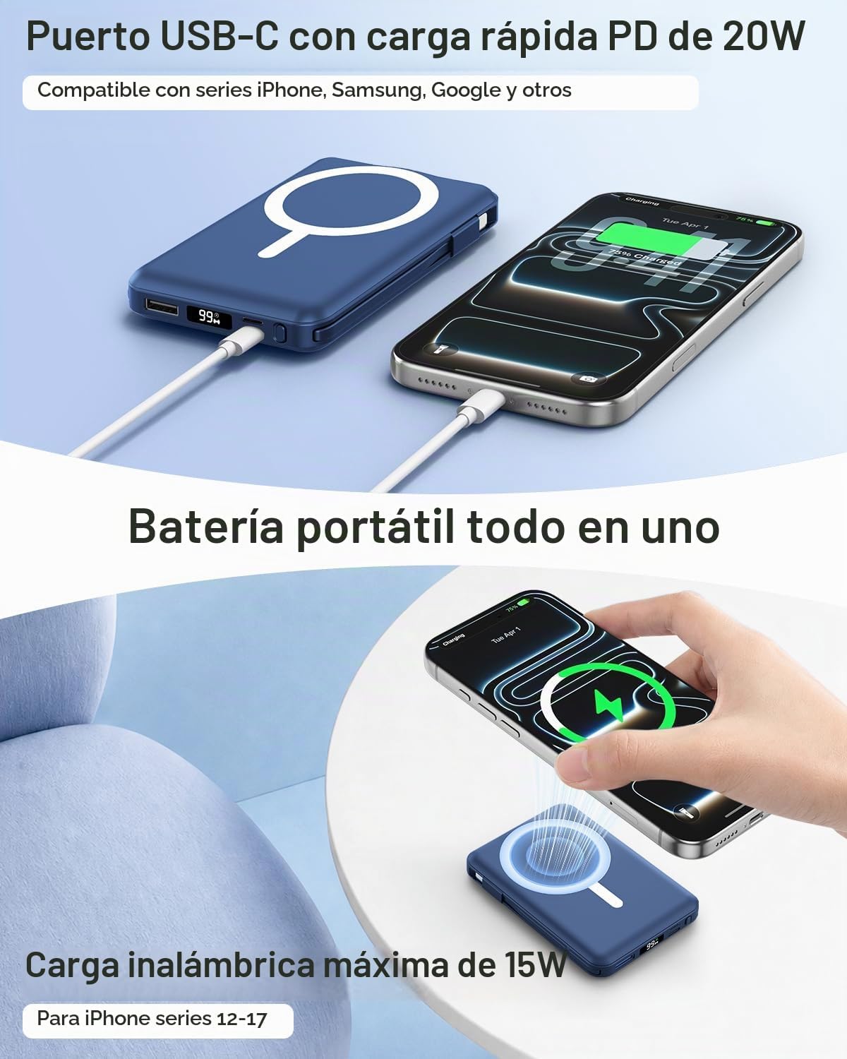 Gawegar para cargador portátil MagSafe, banco de energía magnético...