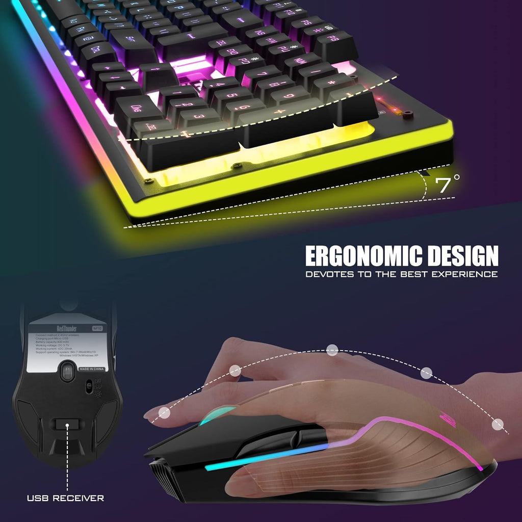 RedThunder K10 Combo de teclado y mouse inalámbricos para juegos, b...