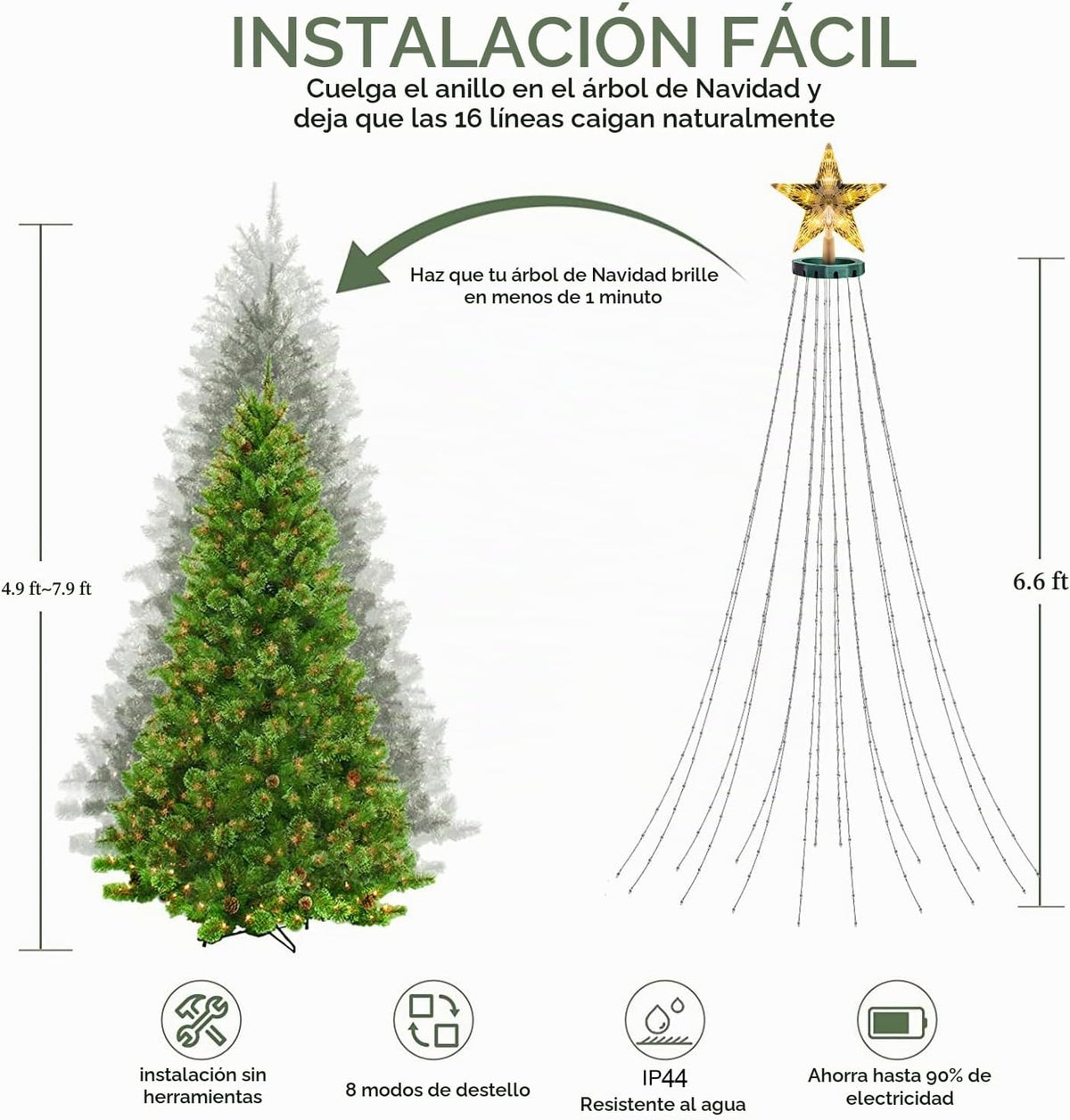 Luces de árbol de Navidad con estrella en la parte superior, 400 lu...