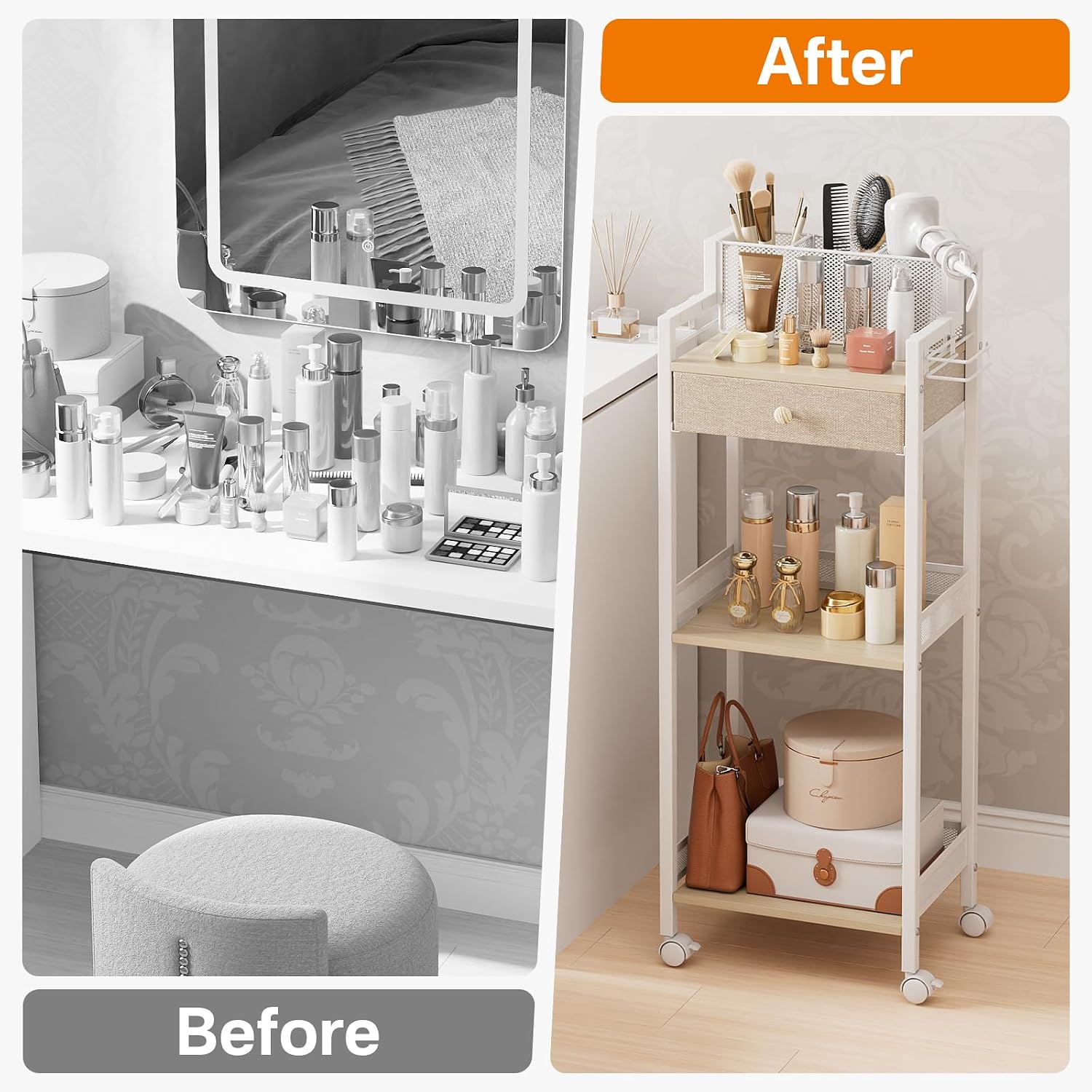 FURFUN Estante organizador de baño de 3 niveles con cajón, carrito...