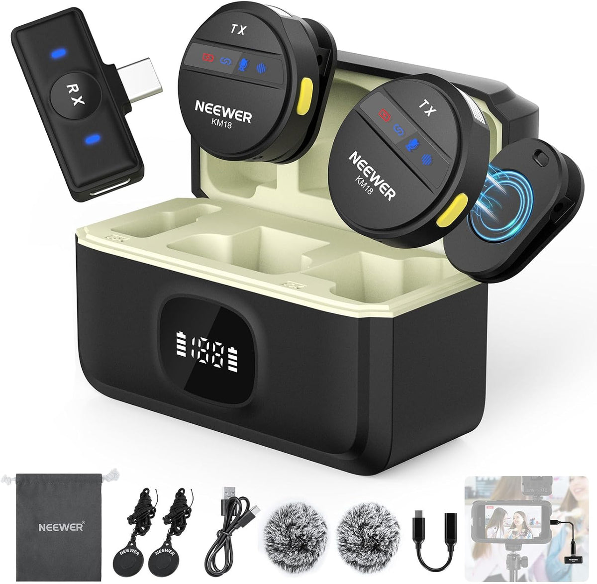 NEEWER Sistema de Micrófono Lavalier Inalámbrico Compatible con iPh...