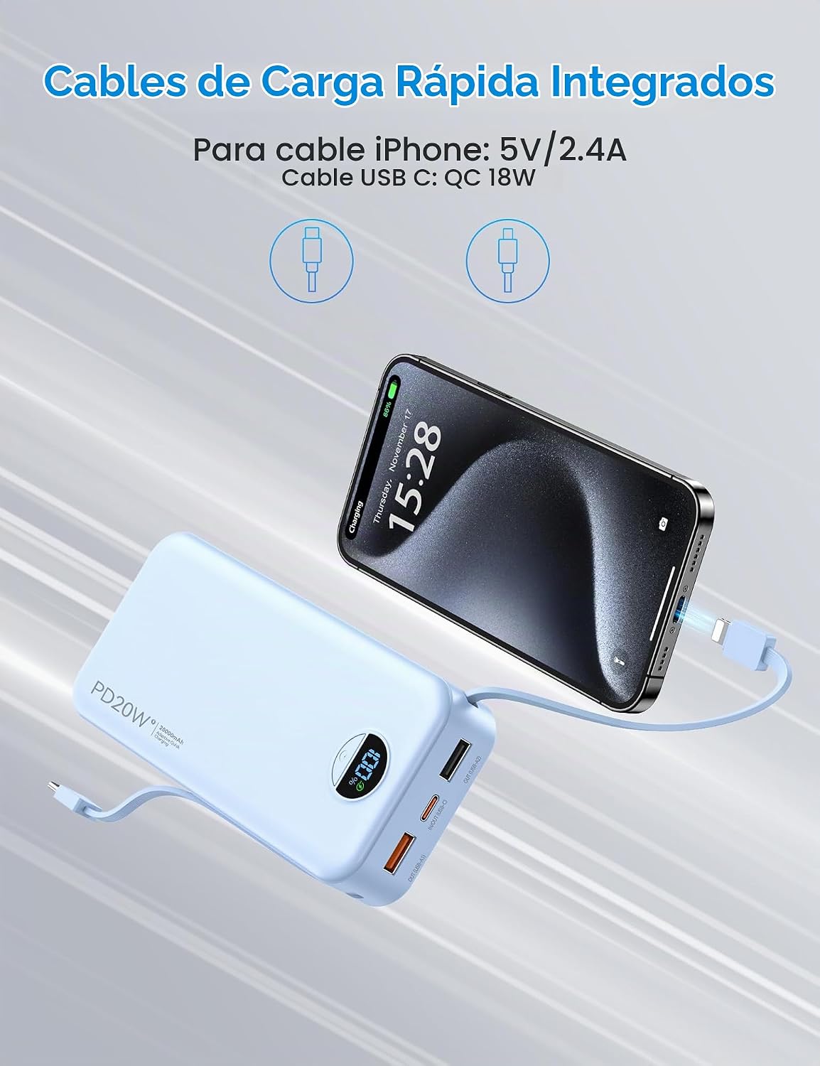 Cargador portátil Ffnpua 20000mAh PD20W con cables incorporados | C...