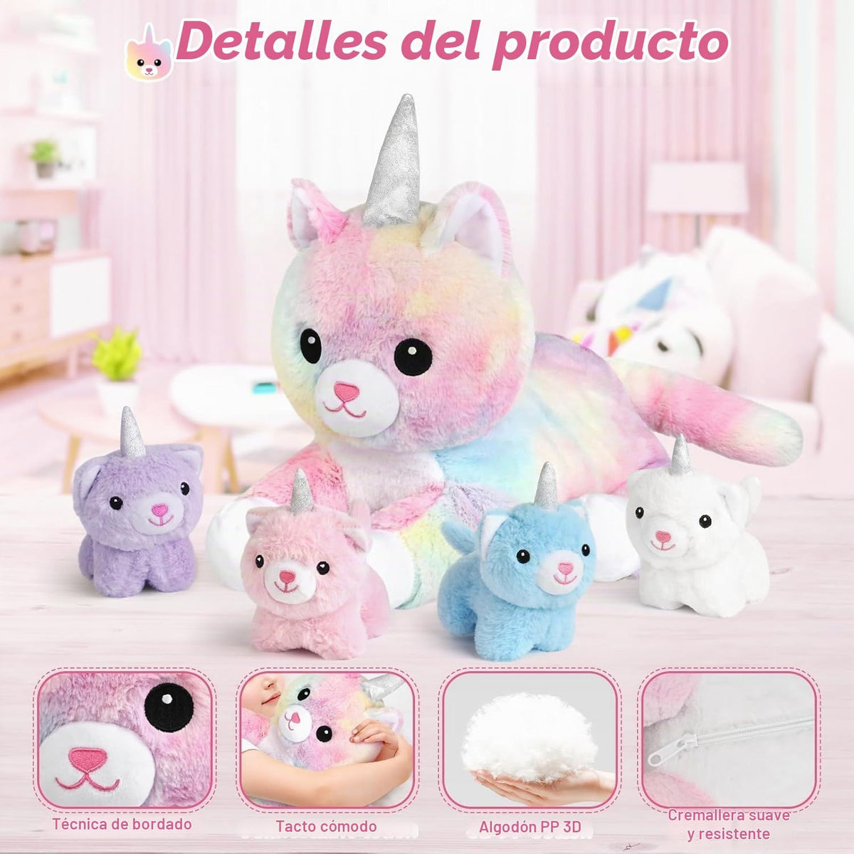 KMUYSL - Juguete de peluche con 4 bebés, diseño de unicornio y gato...
