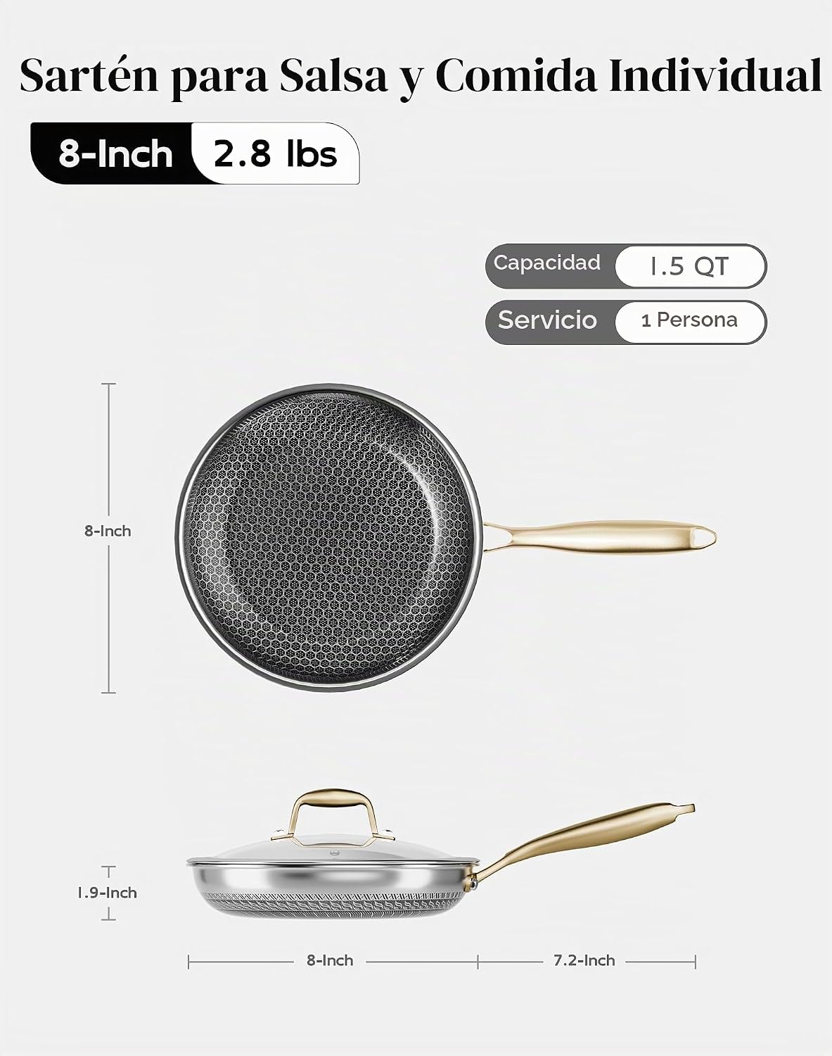 XBM Sartén antiadherente con tapa de 8 pulgadas, sartén de acero in...