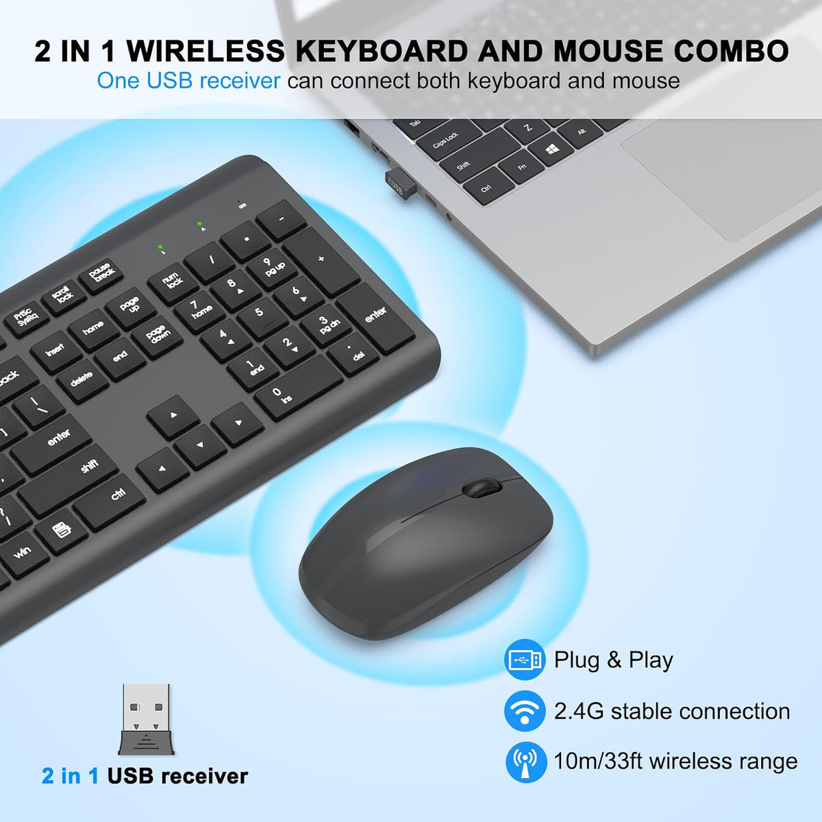 Combo de teclado y mouse inalámbricos, teclado ergonómico silencios...