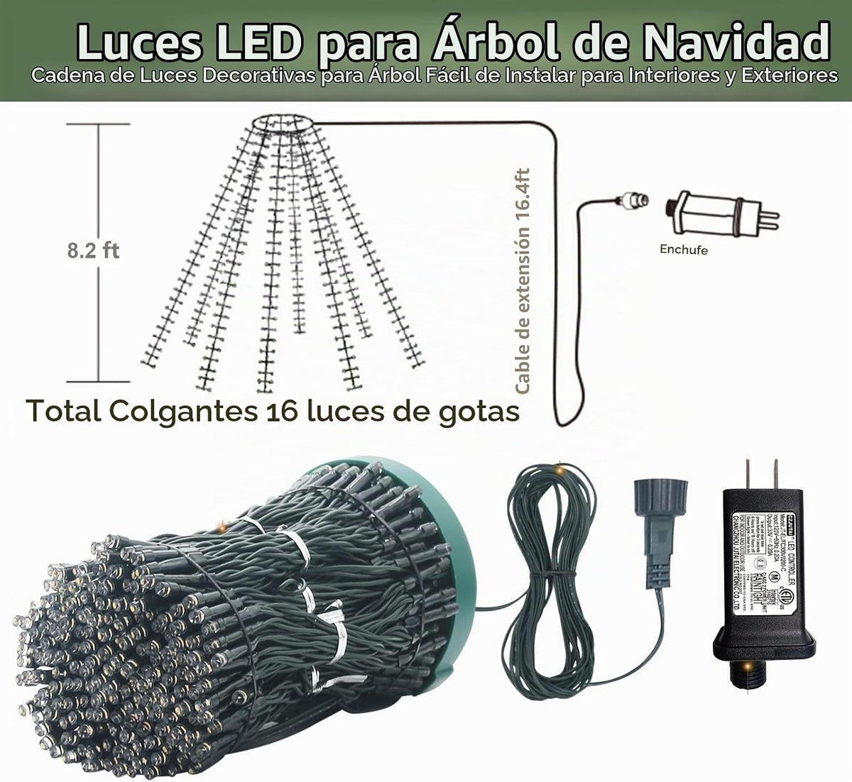 VIL Luces para árbol de Navidad con anillo, 8.2 pies, 16 líneas, 44...