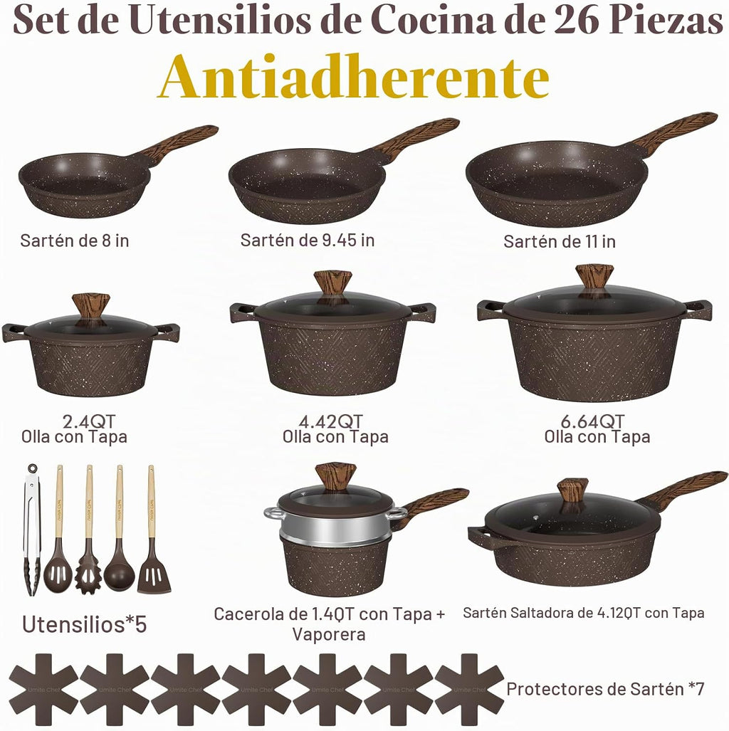 Umite Chef Juego de 26 ollas y sartenes antiadherentes, antiadheren...