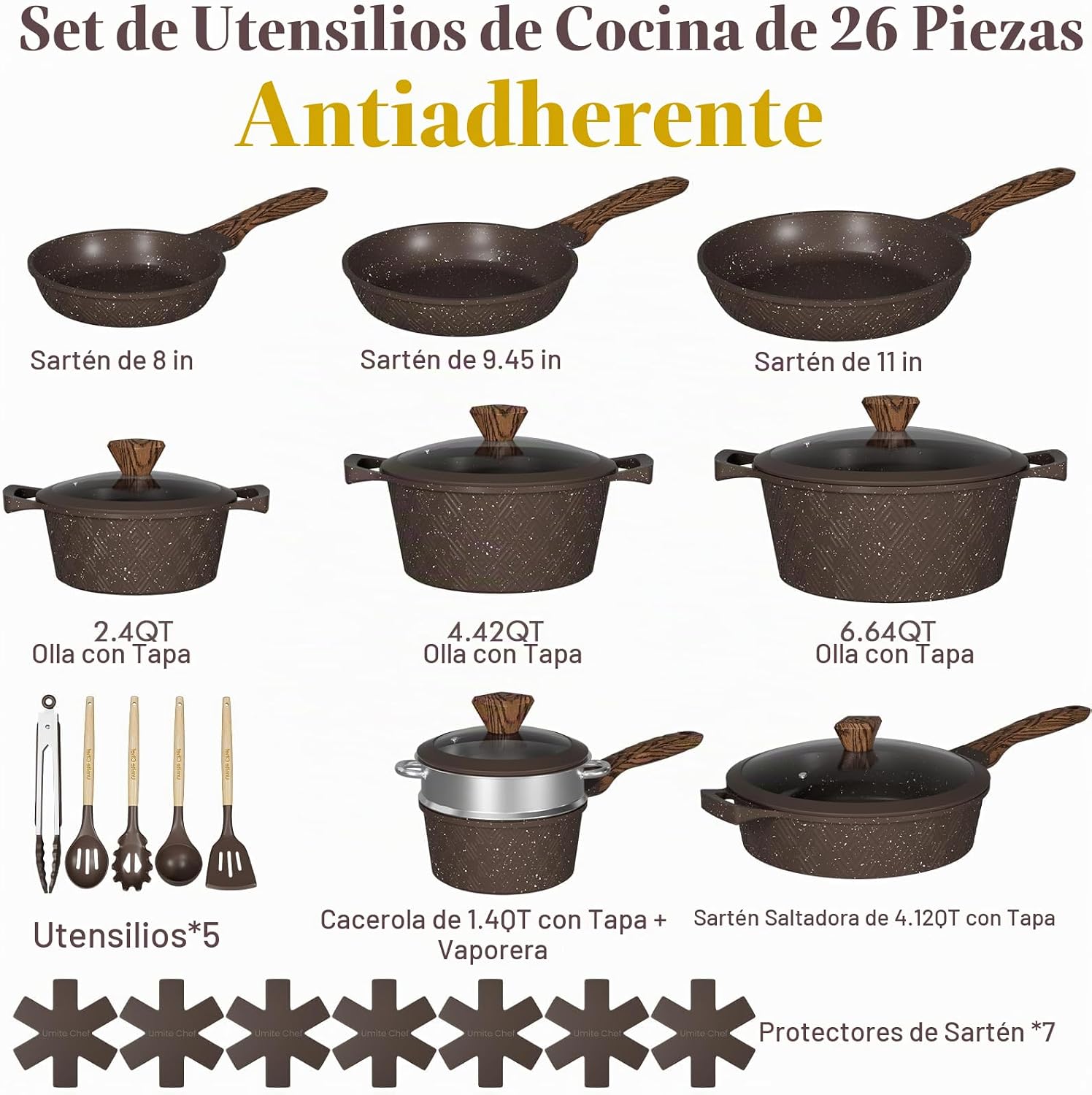 Umite Chef Juego de 26 ollas y sartenes antiadherentes, antiadheren...