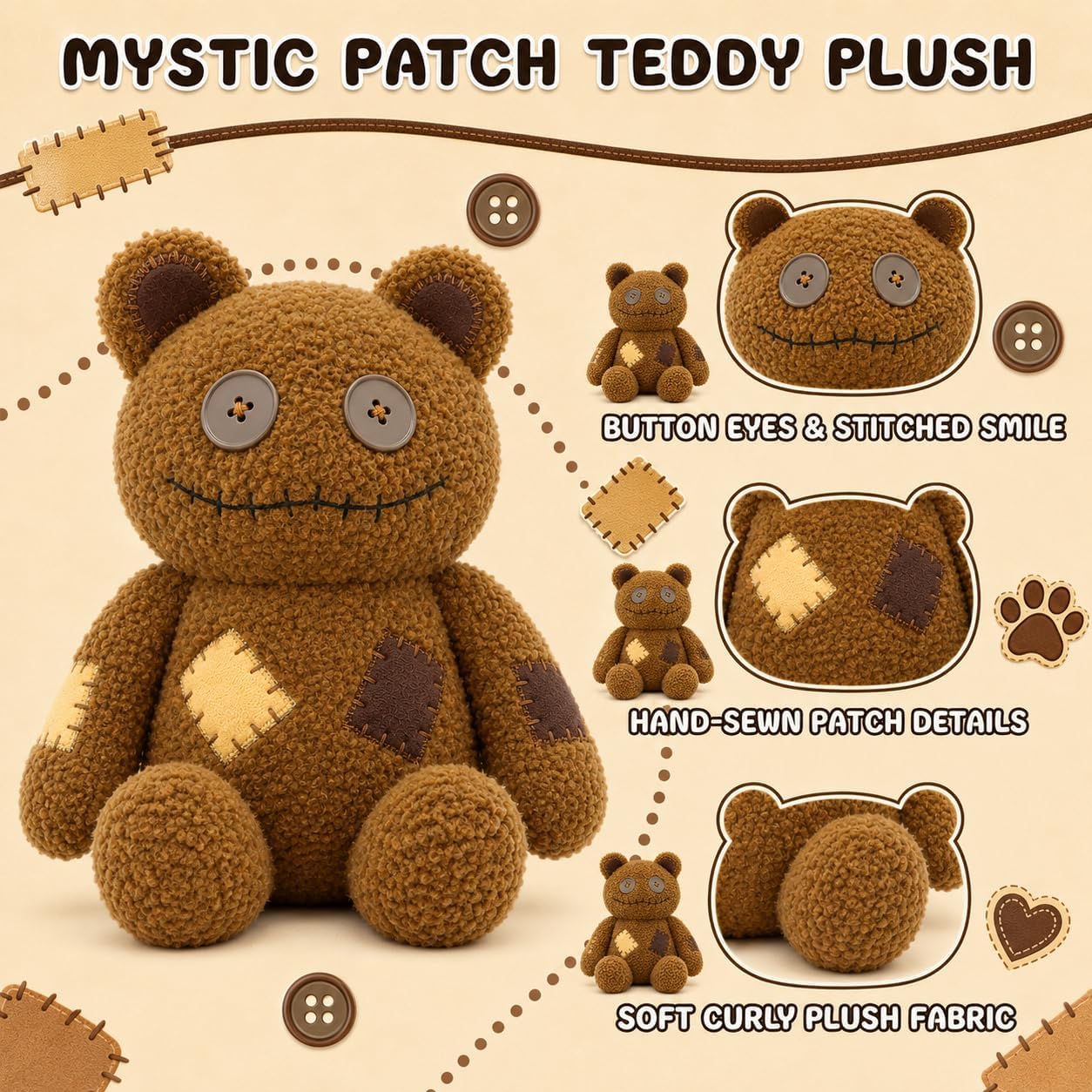 PHHKK Peluche de oso marrón cosido gótico de Halloween, decoración...