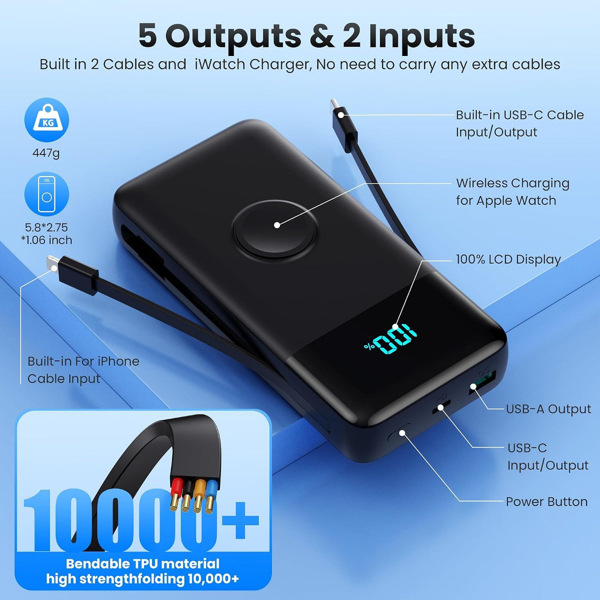 AONIMI Cargador portátil de 40800 mAh con 2 cables integrados, 25 W...
