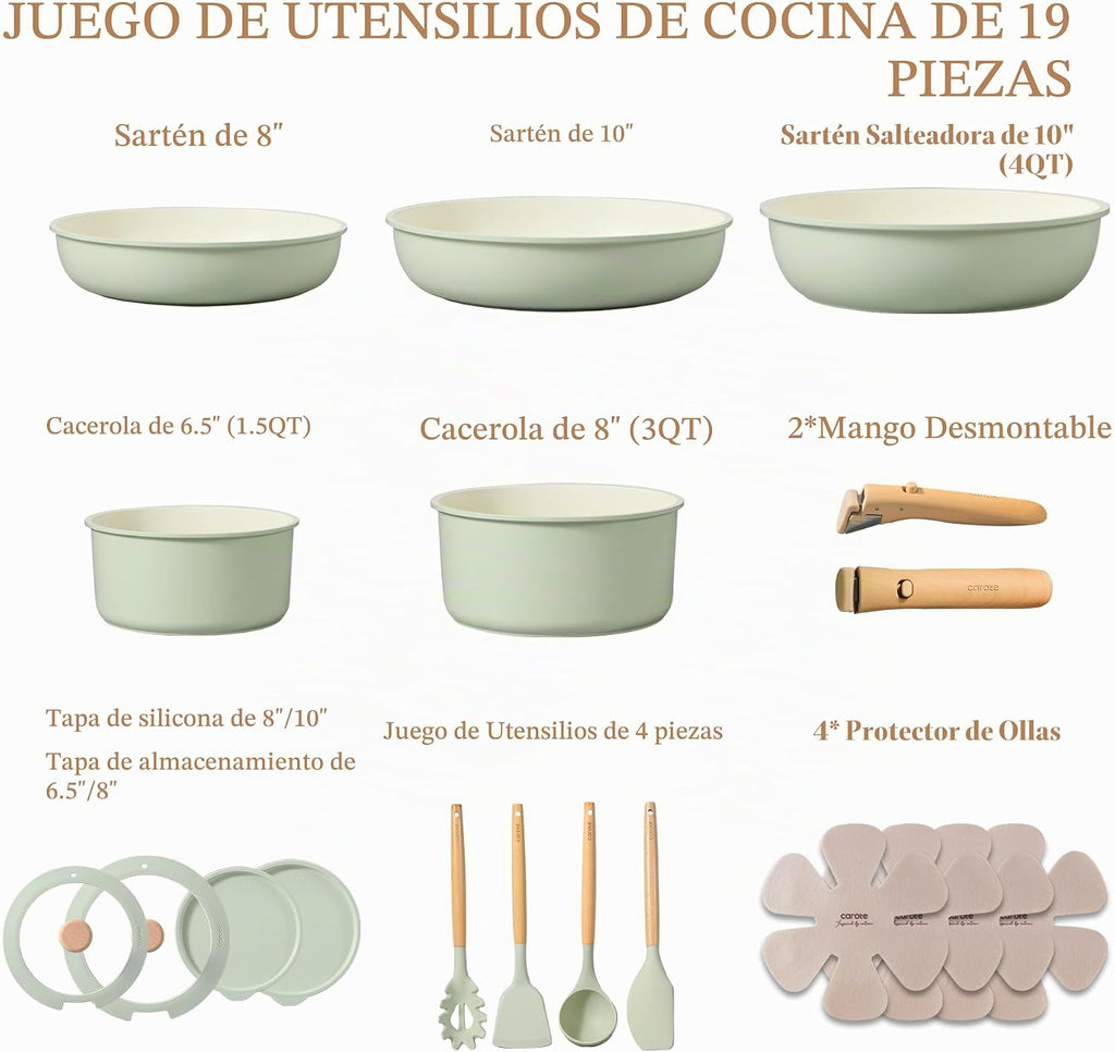 CAROTE - Juego de ollas y sartenes antiadherentes, mango desmontabl...