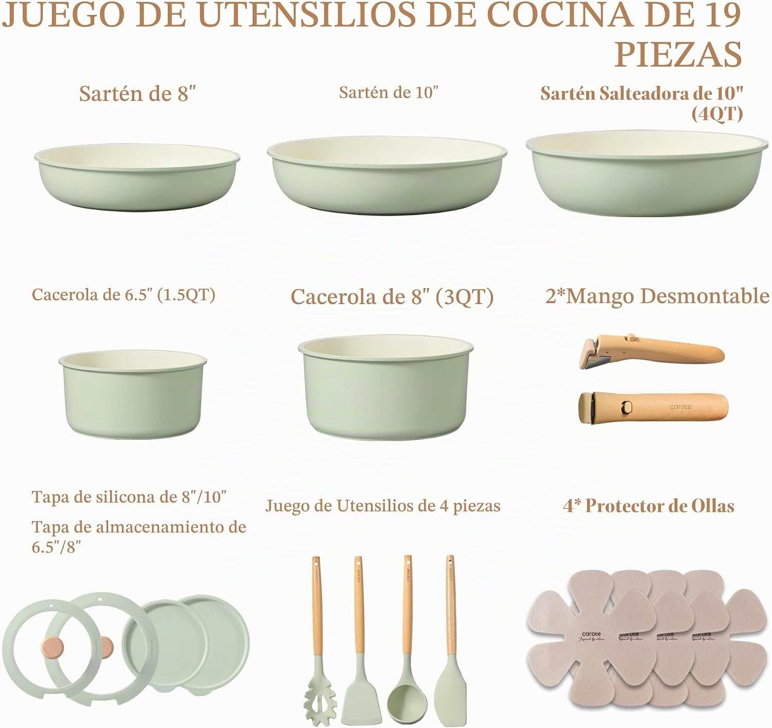 CAROTE - Juego de ollas y sartenes antiadherentes, mango desmontabl...