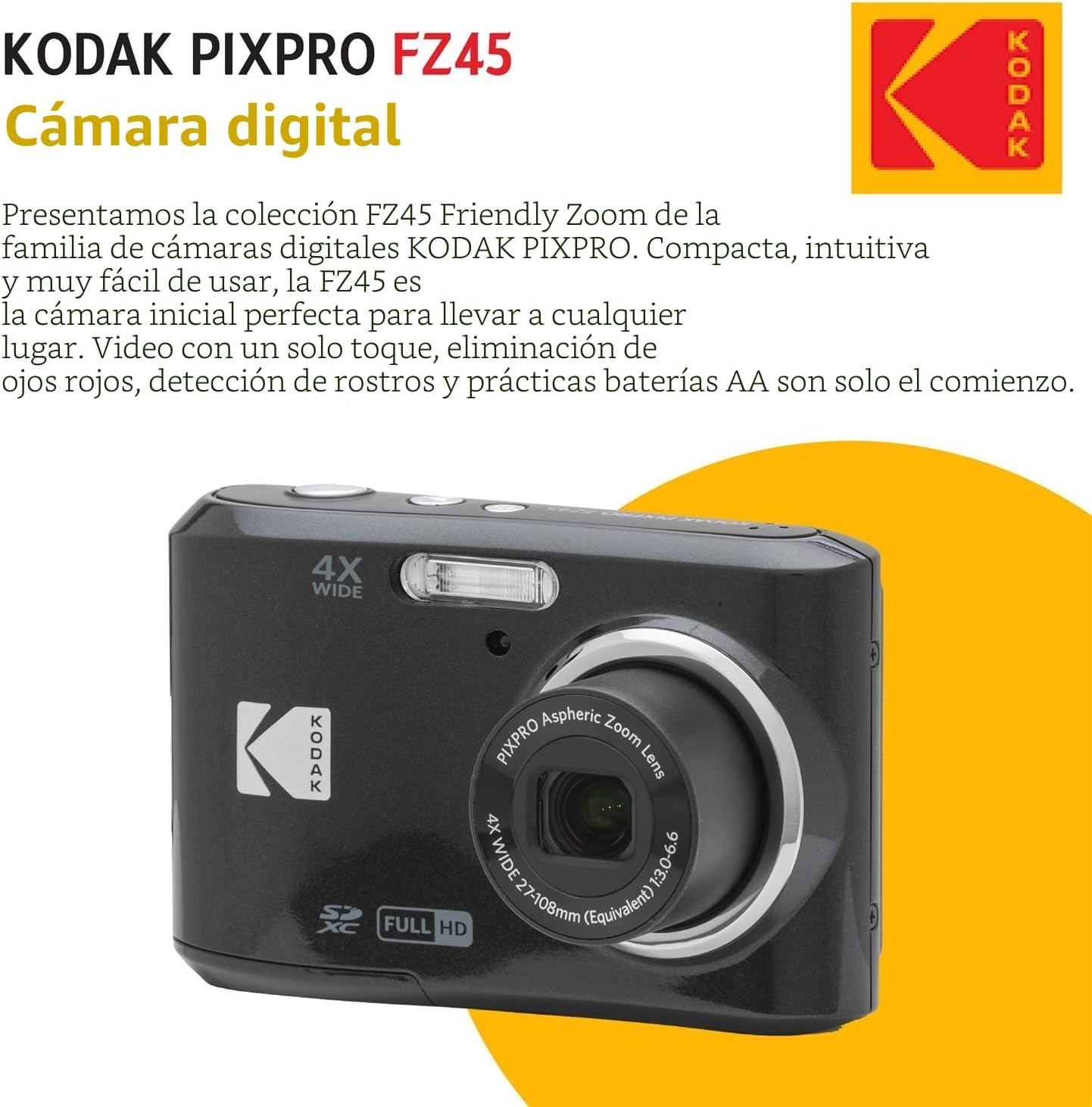 KODAK PIXPRO FZ45 - Cámara digital de 16 MP con zoom óptico 4X de 1...
