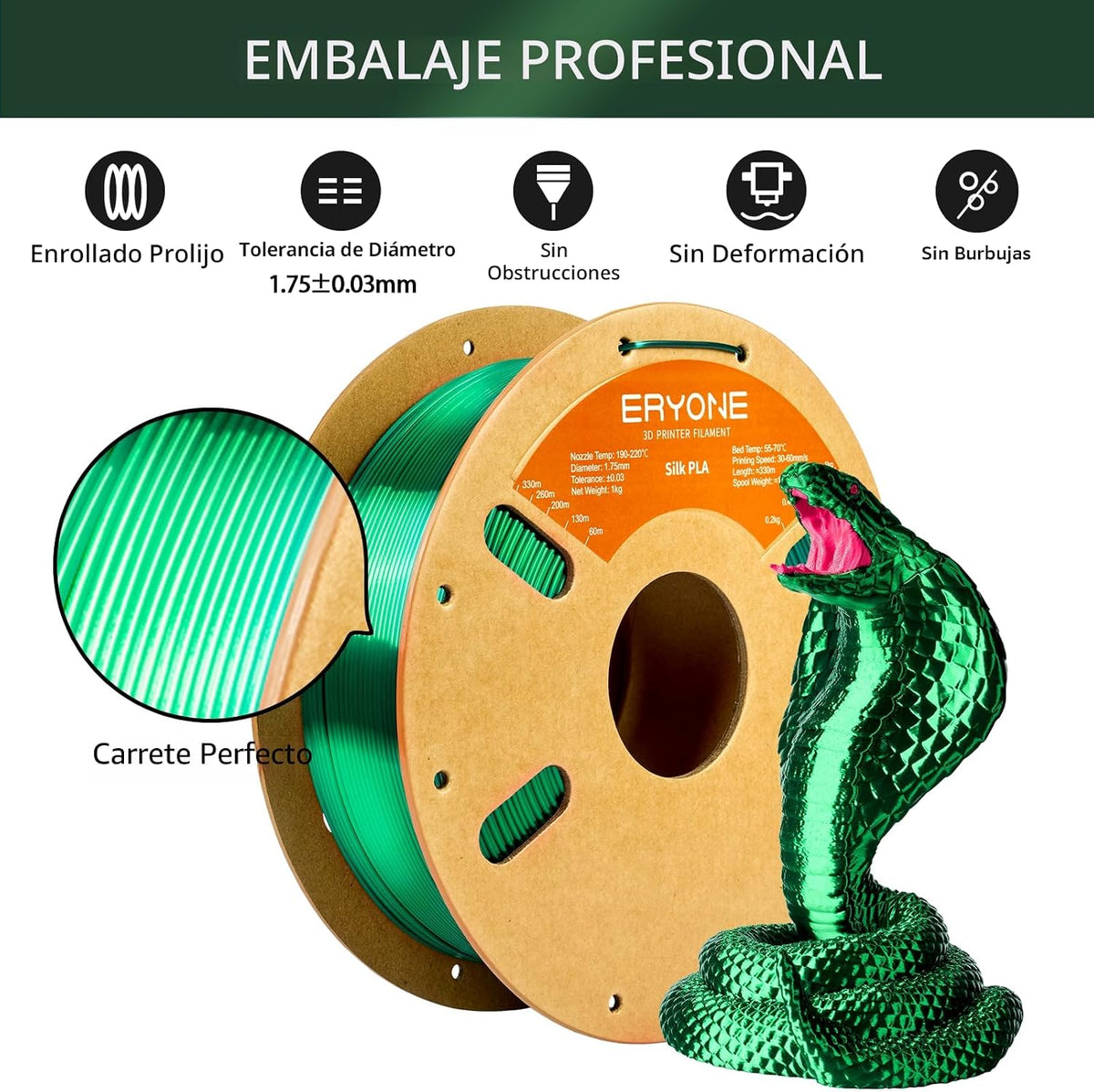 ERYONE - Filamento PLA de seda para impresora 3D, 0.069 pulgadas +\...