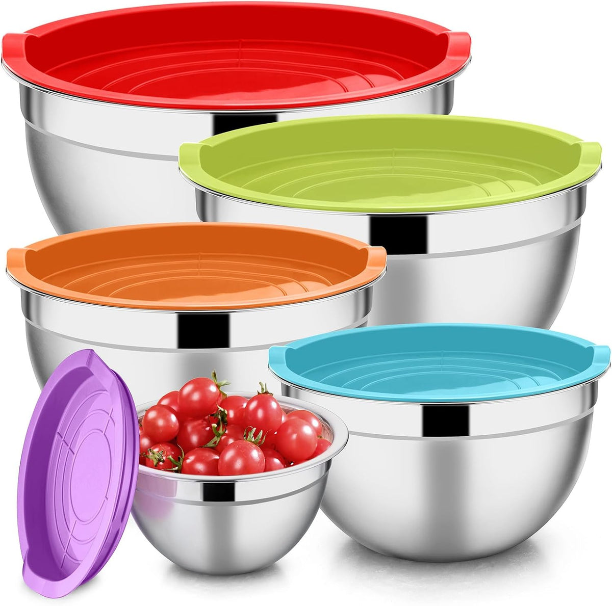 E-far Juego de 5 tazones para mezclar con tapas, cuencos de acero i...