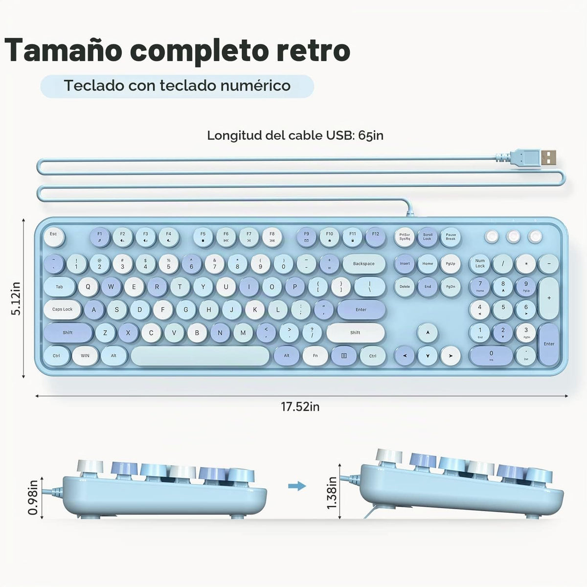 MOWUX Teclado de computadora con cable, teclado retro redondo con c...