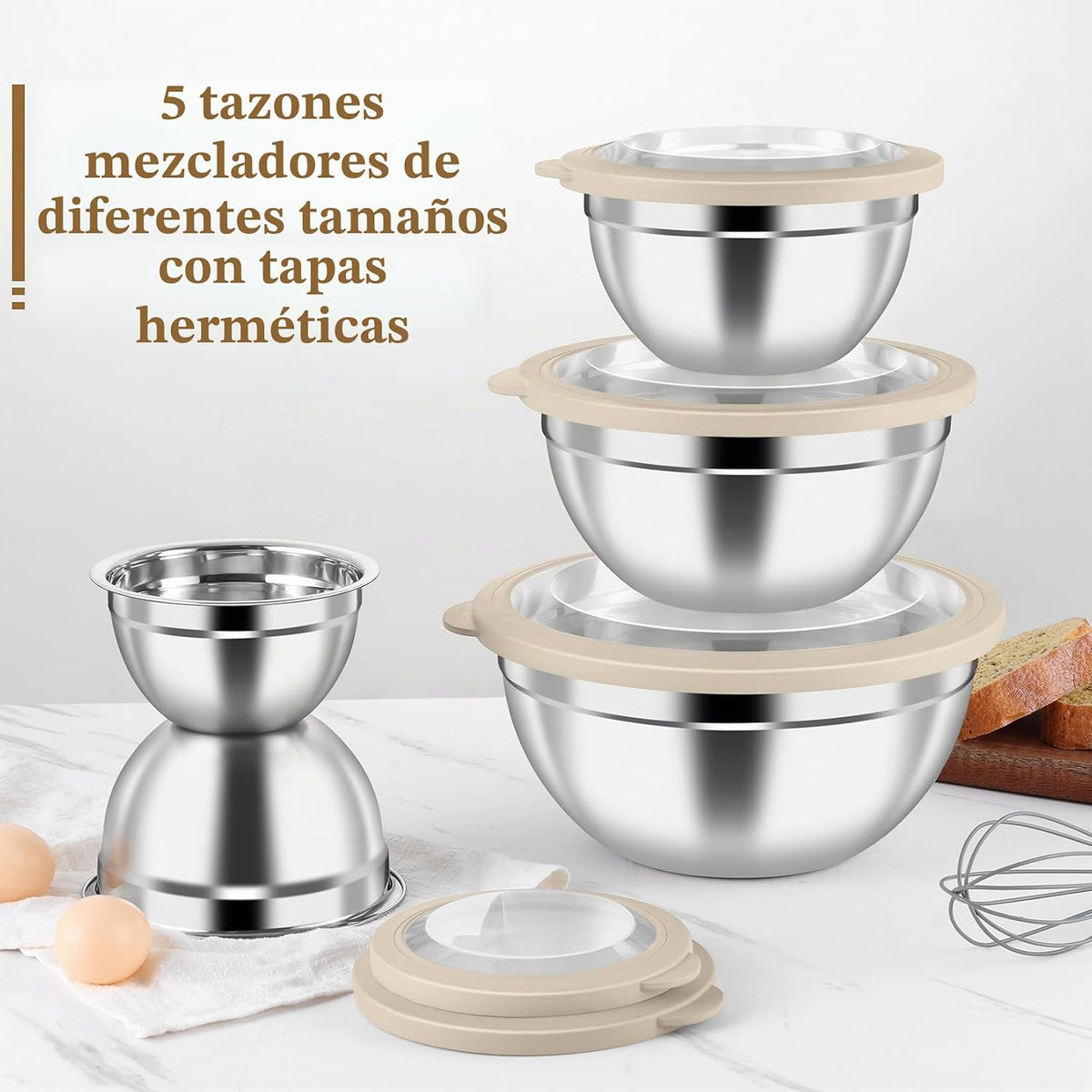 P&amp;P CHEF - Juego de tazones de metal con tapas, tapas hermética...