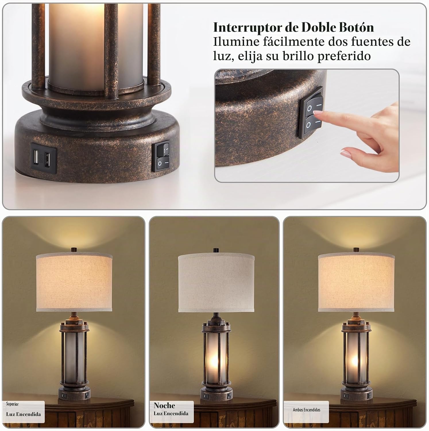 Lámpara de mesa de granja de 25 pulgadas con 2 puertos de carga USB...
