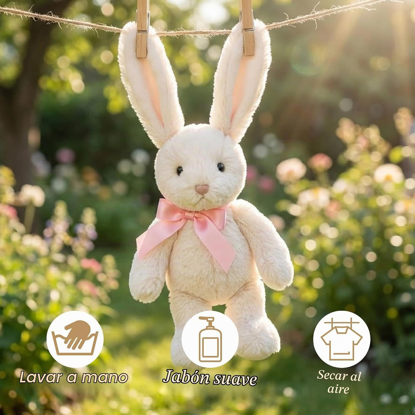 okegztoa Peluche de conejo color crema con lazo de cinta rosa y ore...