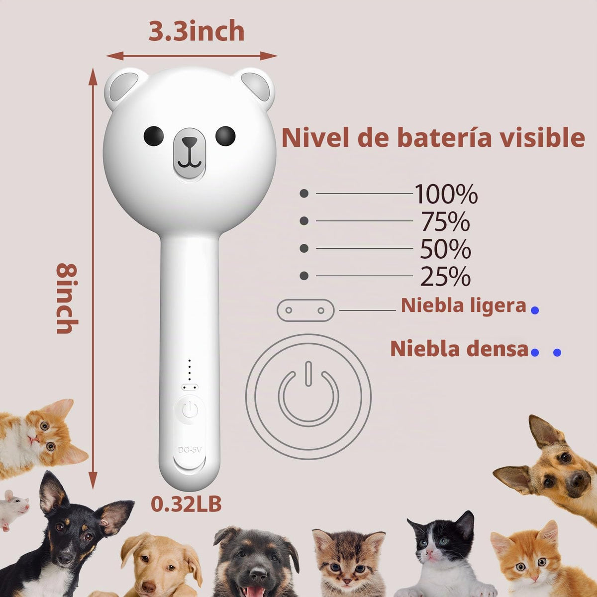 Cepillo de vapor para gatos con 2 niveles de pulverización y botón...