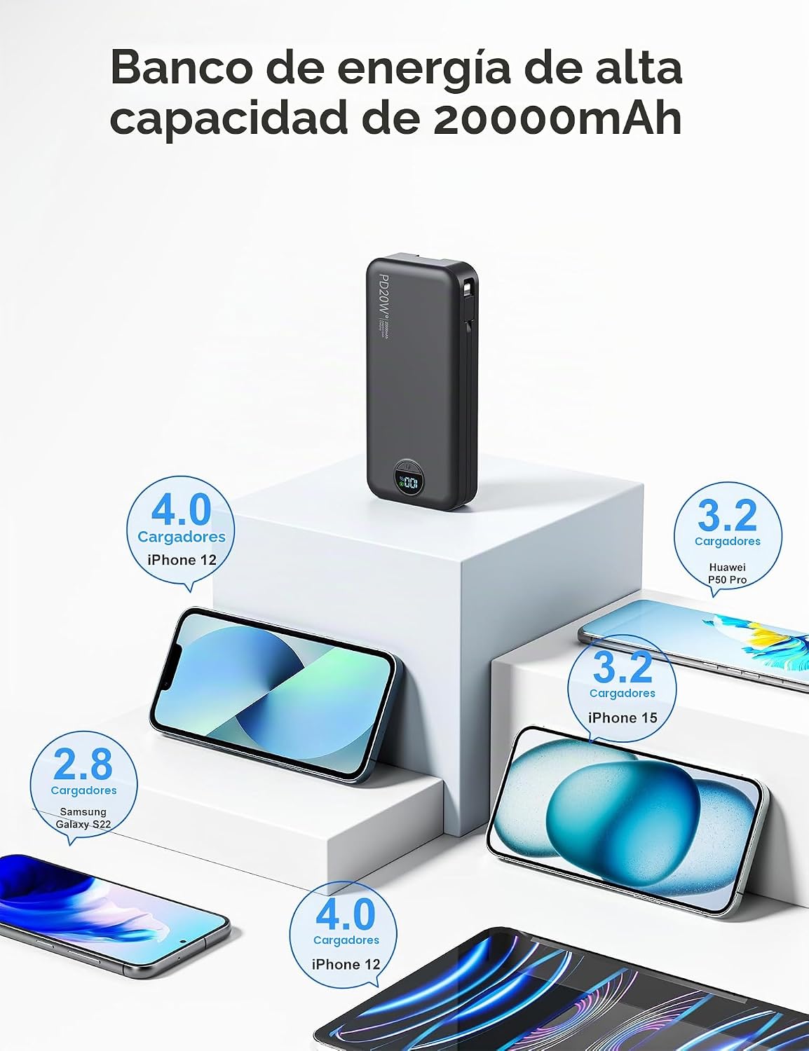 Cargador portátil Power Bank 20000mAh con cables integrados y enchu...