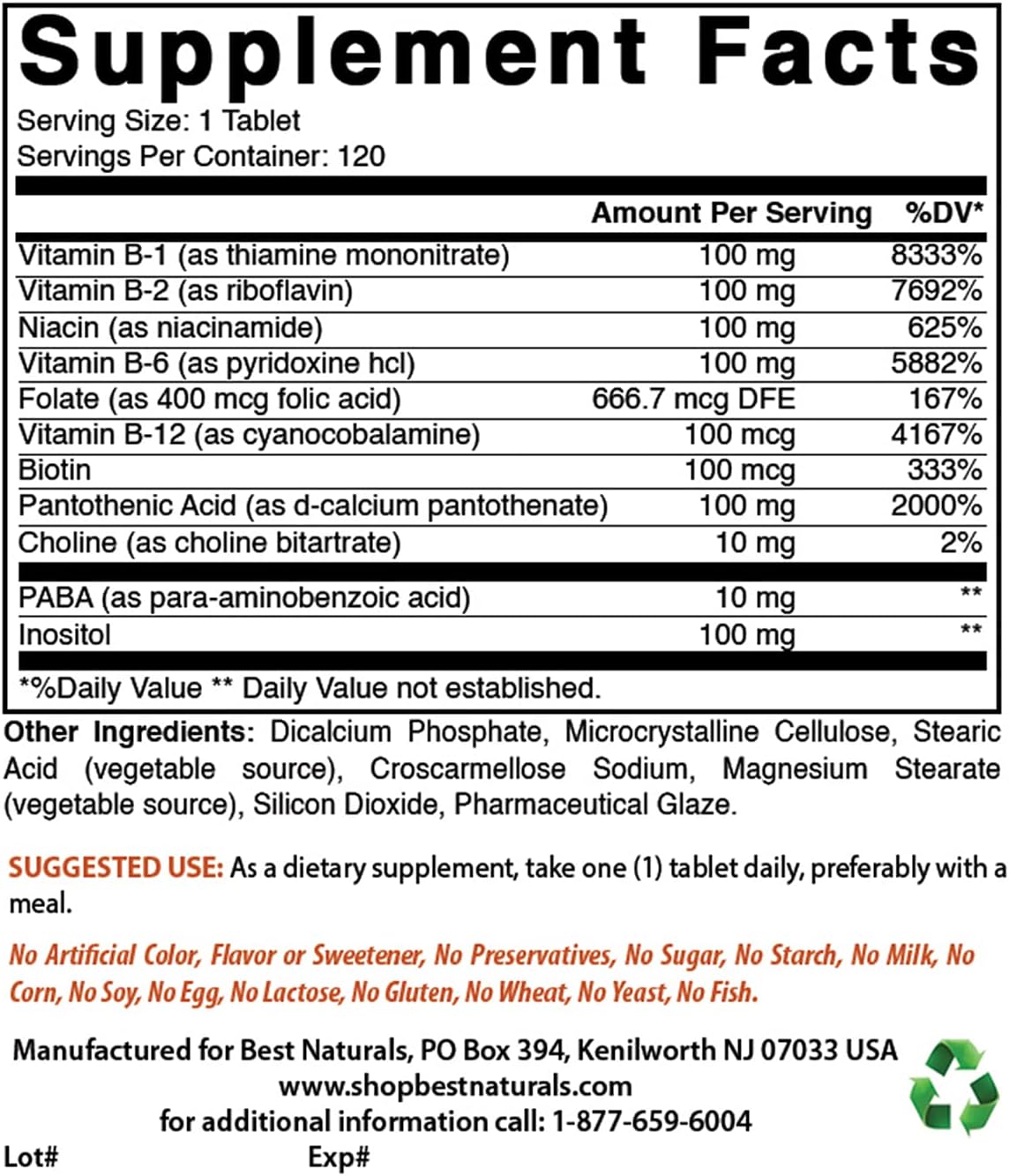 Best Naturals Complejo B-100 para adultos, 120 Comprimidos