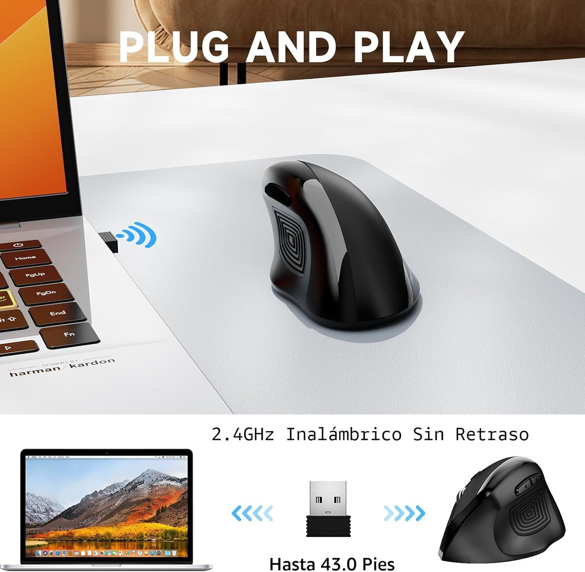 Memzuoix - Ratón inalámbrico ergonómico, 2.4G óptico sin cables, 80...