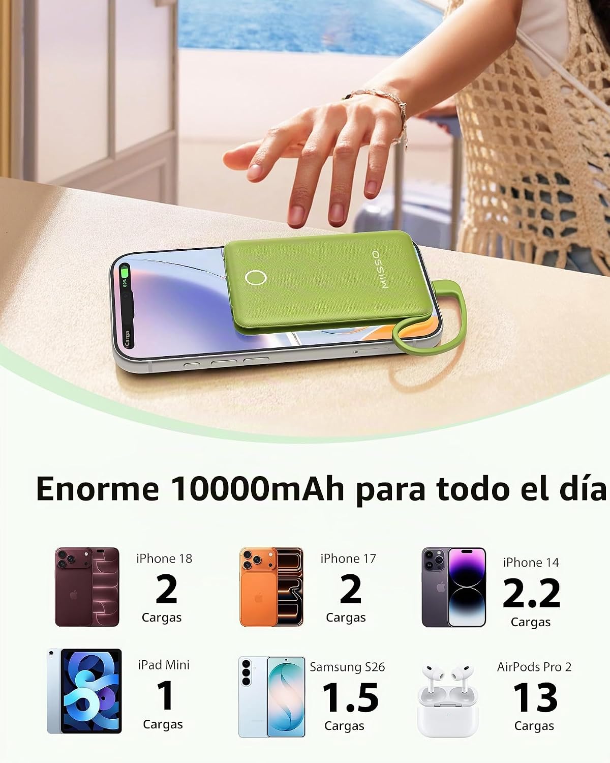 miisso 10000mAh Mini cargador portátil con cable integrado, color v...