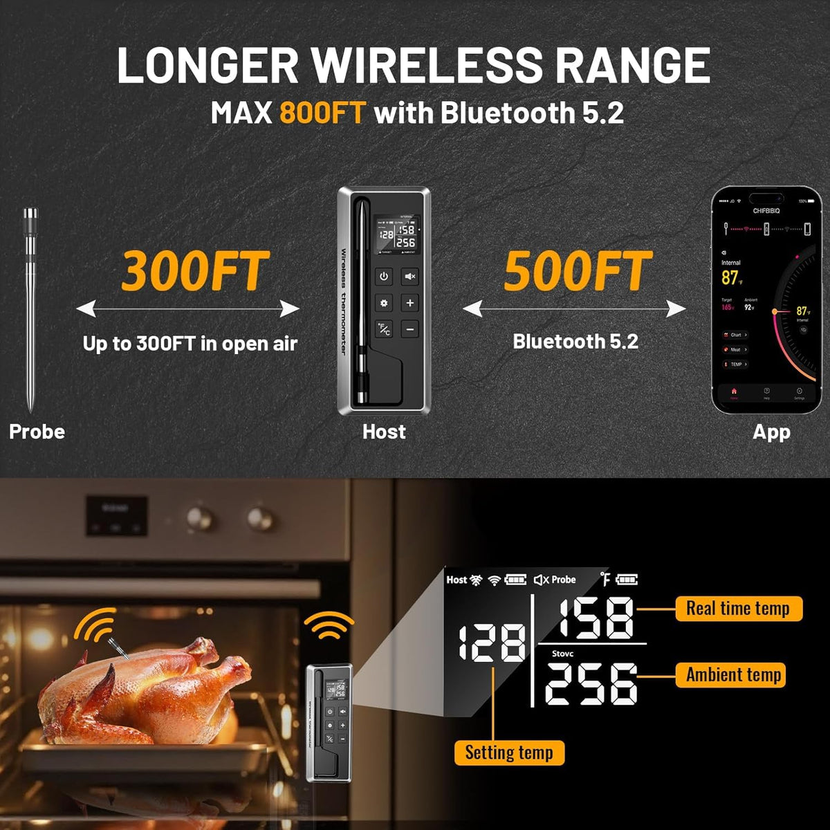 Termómetro inalámbrico para carne con temporizador inteligente y co...