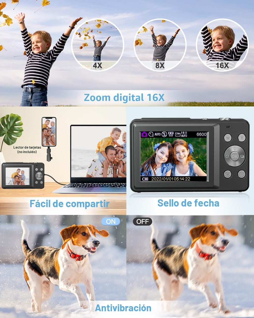 Cámara digital, FHD 1080P apuntar y disparar cámara para niños adol...