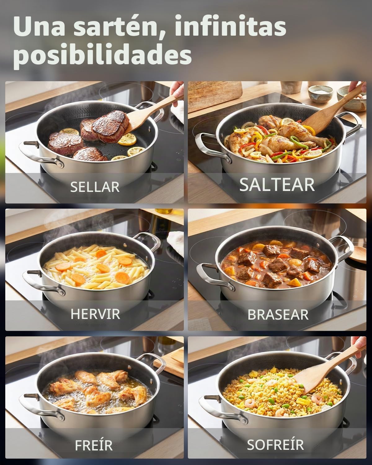 LOLYKITCH Sartén profunda grande de 8 cuartos con tapa | 13 pulgada...