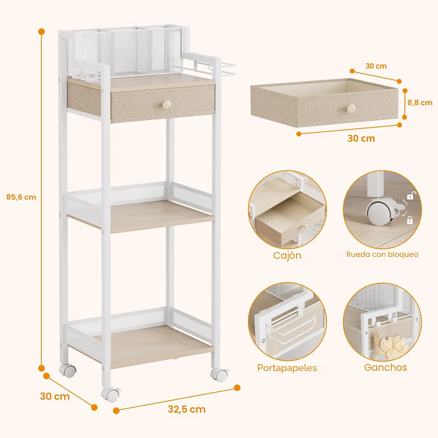 FURFUN Estante organizador de baño de 3 niveles con cajón, carrito...