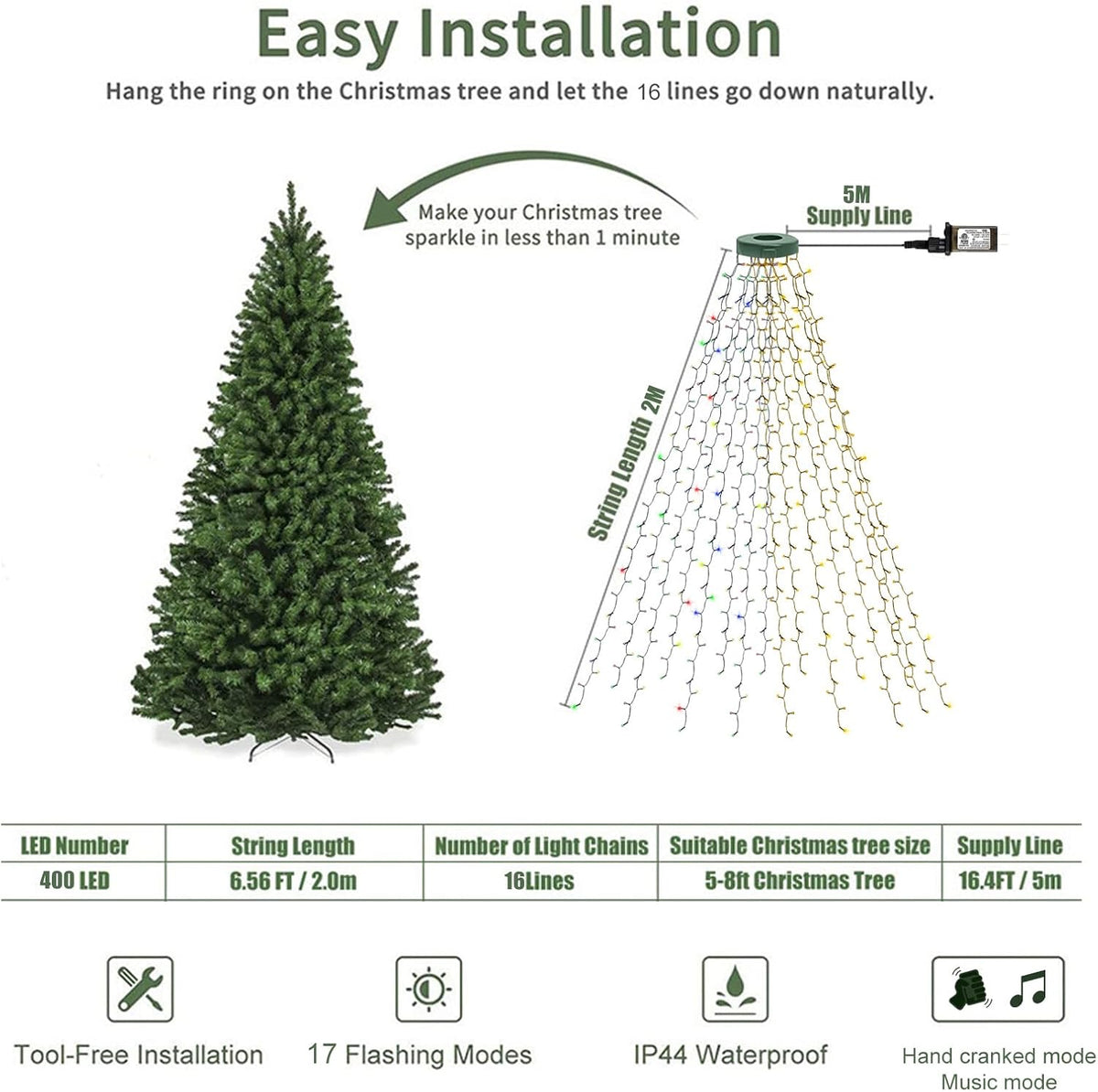 Dreicht Luces inteligentes para árbol de Navidad con anillo, contro...