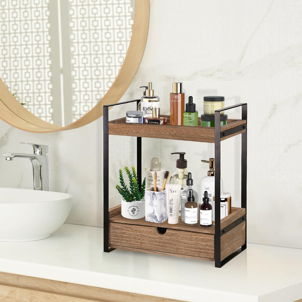 Organizador de baño de 2 niveles para encimera con cajón, estante d...