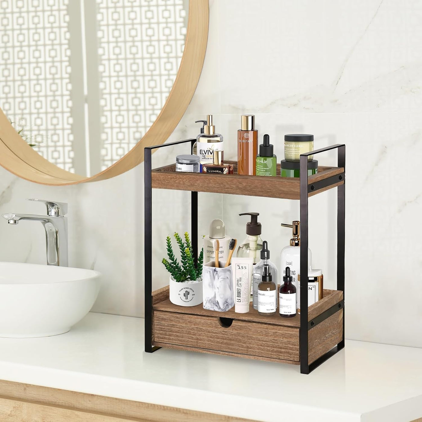 Organizador de baño de 2 niveles para encimera con cajón, estante d...